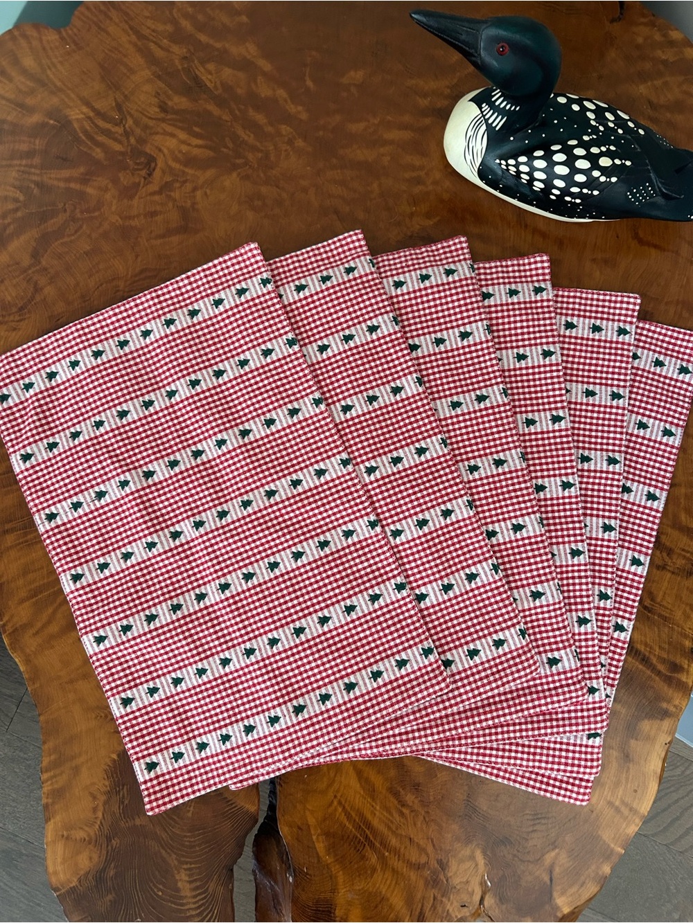Festive Red Gingham Table Placemats with Holly Stripe - set of 6